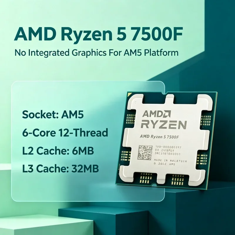 Productivity CPU AMD Ryzen 5 7500F 65W TDP 6C12T 5.0GHz 32MB L3 AM5 Energy Saving Processor for Home Office Multi Task