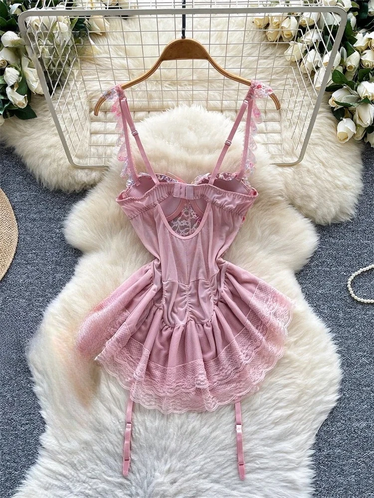 Woman Fashion Sexy Strap Dress New Sleeveless Slim Floral Print Mini Dress Comfortable Breathable Mesh Lace Mini Dress - Image 4