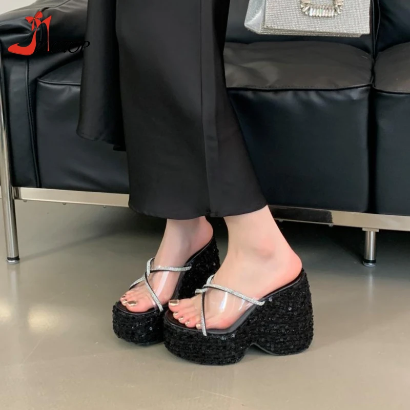 

Platform Wedges Sandals for Women Transparent Bling Fashion Open Toe High Chunky Heels Slippers Summer Shoes Slip On