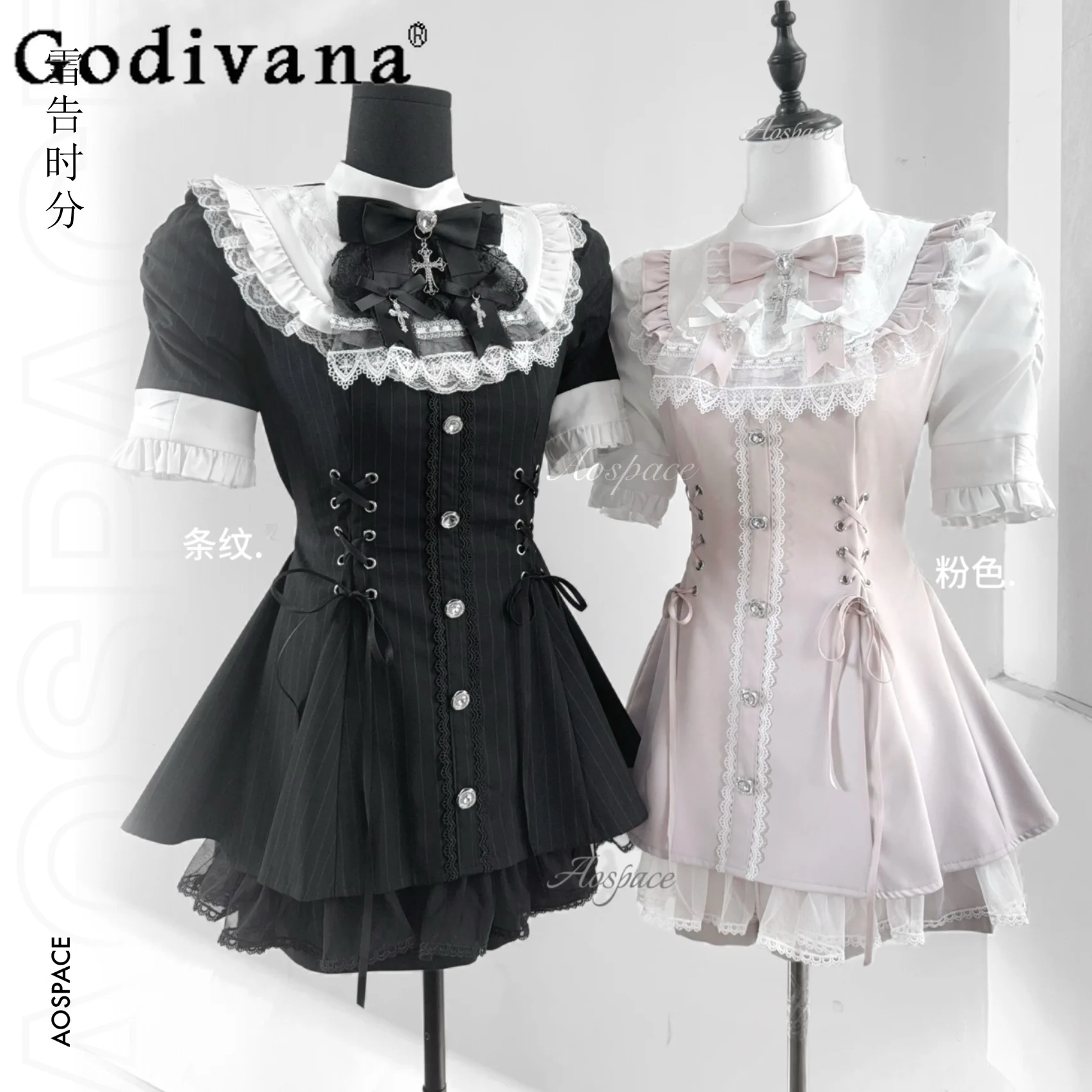 

Original Japanese Style Mine Mass-Produced Short-Sleeve Dress Set Summer New Girl's Sweet Bow Lace Edge Dress Shorts 2-Piece Set