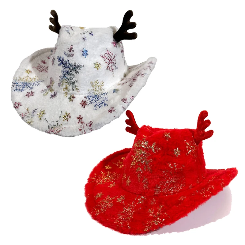 

GEMVIE Вестерн Рождественская вечеринка плюшевые ковбойские шляпы для женщин и мужчин ковбойская шляпа с принтом снежинок