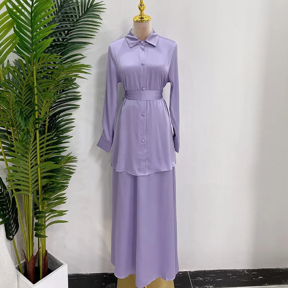 2 Piece Matching Set Muslim Satin Dress Women Abaya Dubai Arab Islam Modest Outfit Turkey Hijab Top with Skirt Ramadan Eid Party