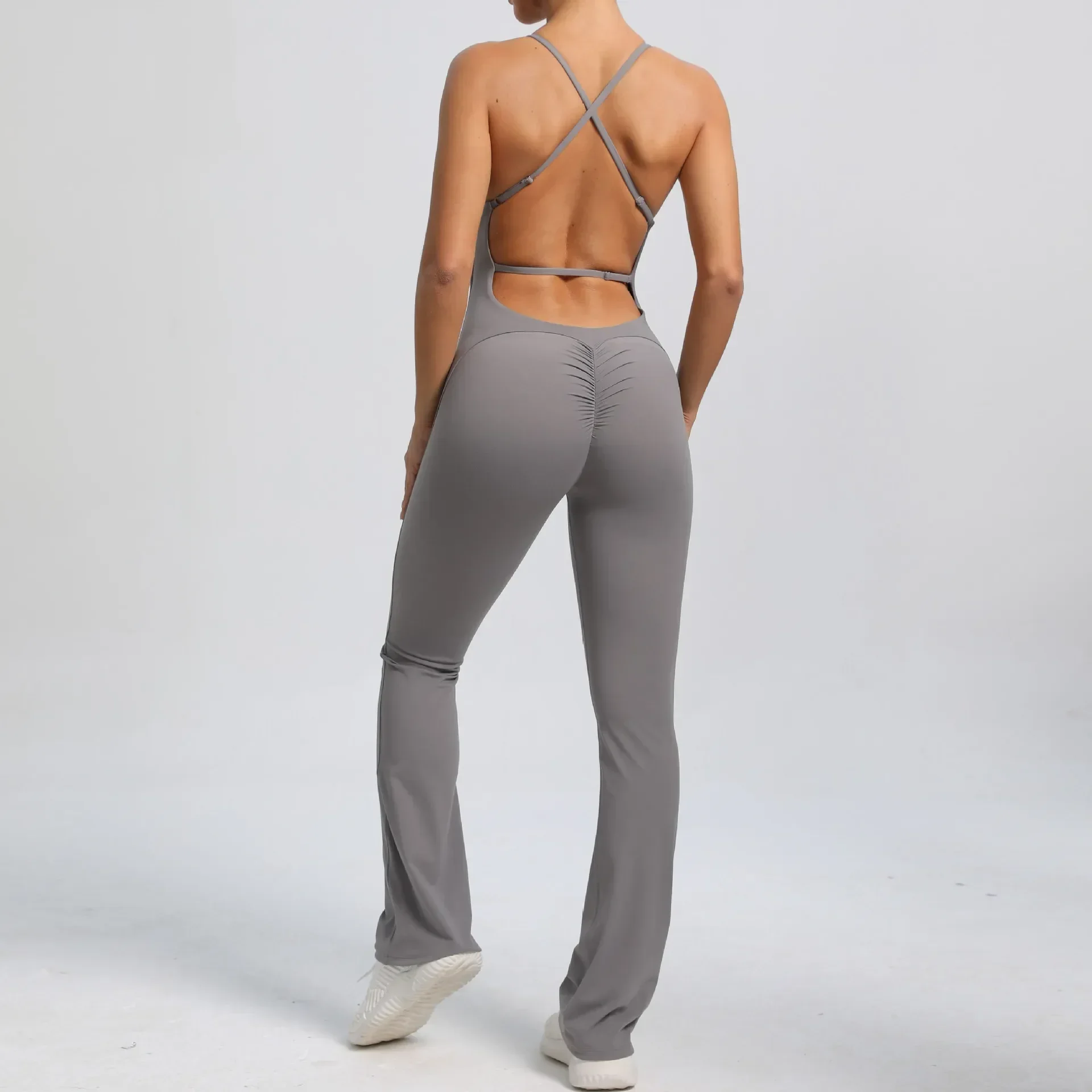 Sexy cruz sem costas scrunch macacão de fitness push up feminino roupas esportivas uma peça conjunto yoga ginásio dança esporte perna larga macacão preto