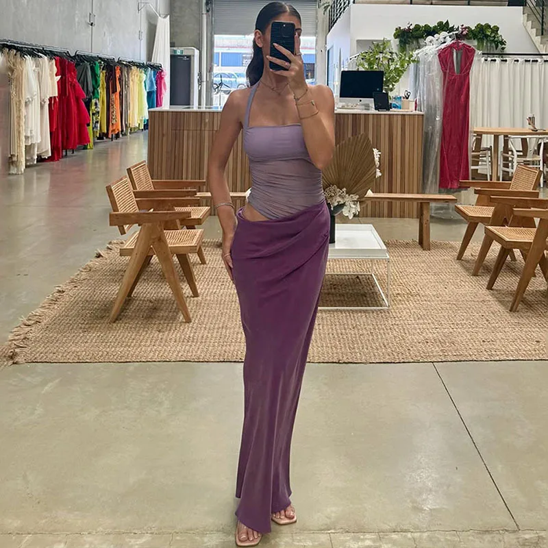 Apprabant Mode Sexy Sheer Mesh Splicing Jurken Backless Hangende Hals Satijn Pittig Meisje Hol Blootgestelde Taille Vestido