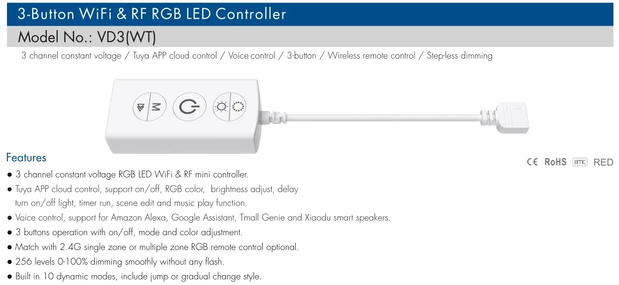 Skydance Mini WI-FI + RF 3 botões LED Dimmer VD3(WT) Tuya App/Controle de Voz Sem Fio 3CH CV Led Controller Para 5m RGB LED Strip