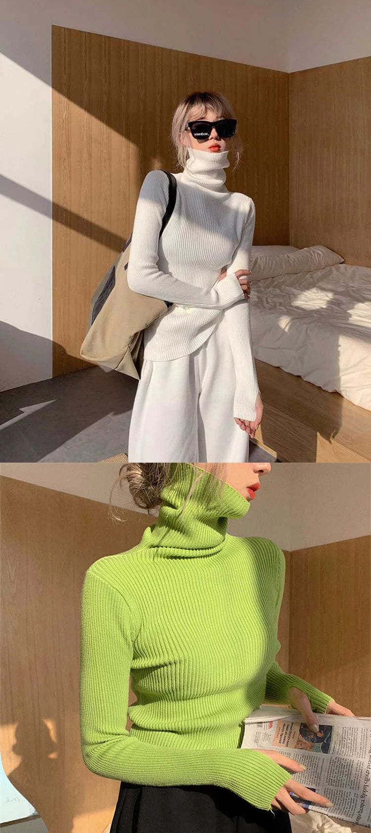Gestrickte Pullover Frauen Koreanische Version Rollkragenpullover Winter Einfarbig Pullover Abnehmen Innen Läppen Warme Grundlegende Tops – Detail 4