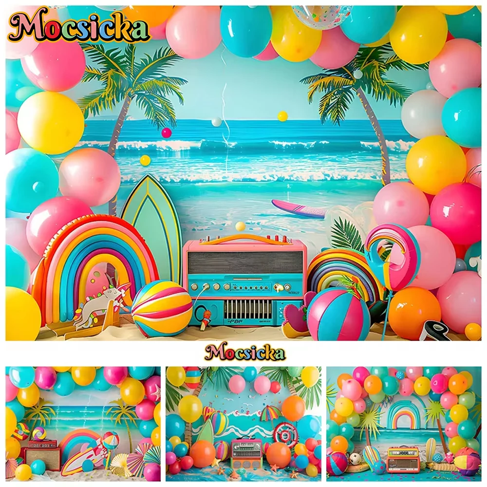 

Mocsicka Summer Beach Backdrop Photography Children Birthday Photo Background Balloons Radio Camping Music Party Decor Photocall