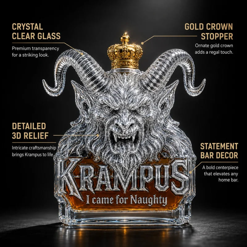 Krampus Goat Head Glass Whiskey Decanter with Crown Stopper Gothic Liquor Bottle for Bar and Home Decor