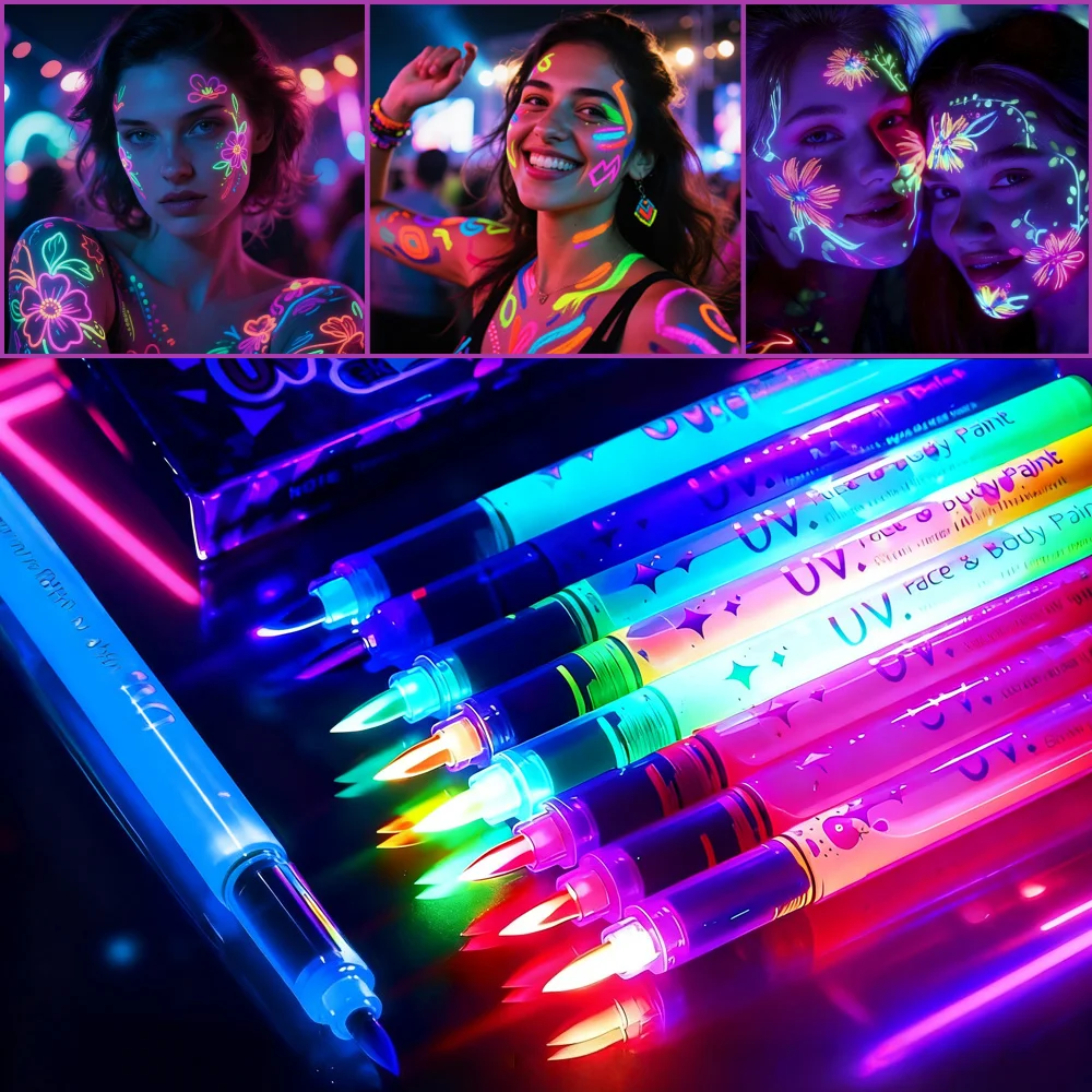Temporärer Tattoo-Stift, Halloween-Make-up, leuchtet im Dunkeln, Gesichtsbemalungsmarker, 8 Farben, mit Schablonen, waschbarer UV-temporärer Tattoo-Stift