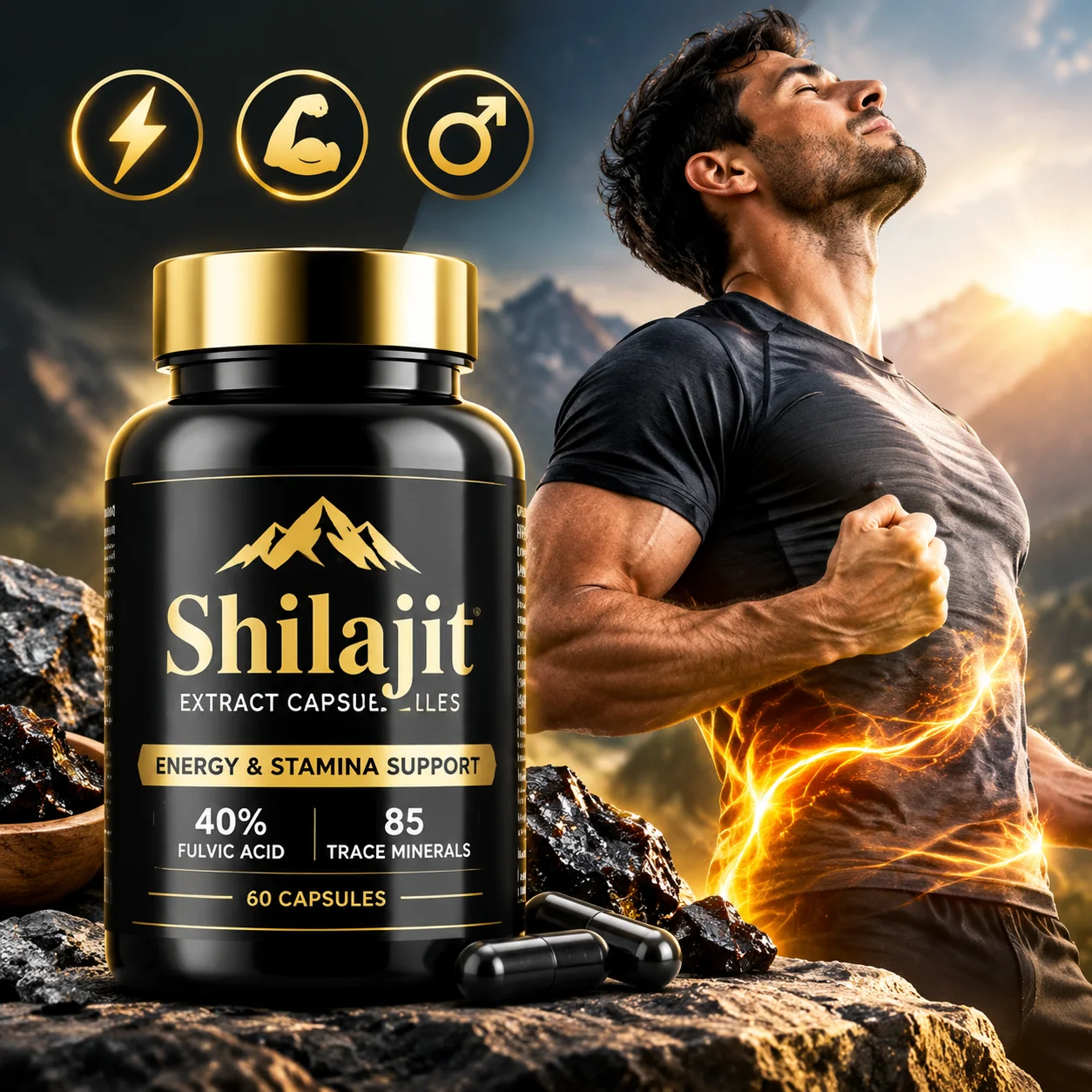 Shilajit Extract Capsules,Energy & Stamina Support,Men's Vitality Supplement with 40% Fulvic Acid,85 Trace Minerals,60 Capsules