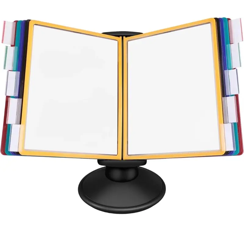 A23F-10-Pocket Desktop Reference Display System, 360° Rotating Base, A4/Letter Panels With Color Tabs Document Holder