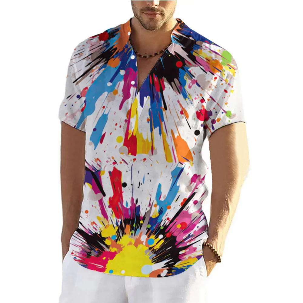 Camisas Henley con estampado 3D de grafiti de verano, camiseta de manga corta con cuello levantado y botones a la moda para hombre, camisetas, ropa para hombre