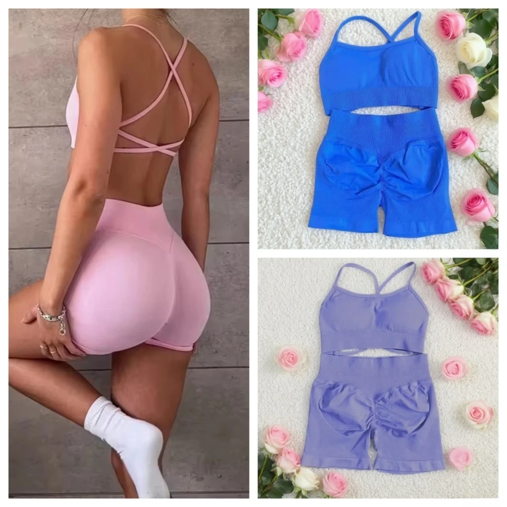 

Европейский и американский спортивный новый комплект, жилет для йоги с крестом, спортивные шорты для фитнеса, персиковые шорты для йоги, узкие шорты для йоги