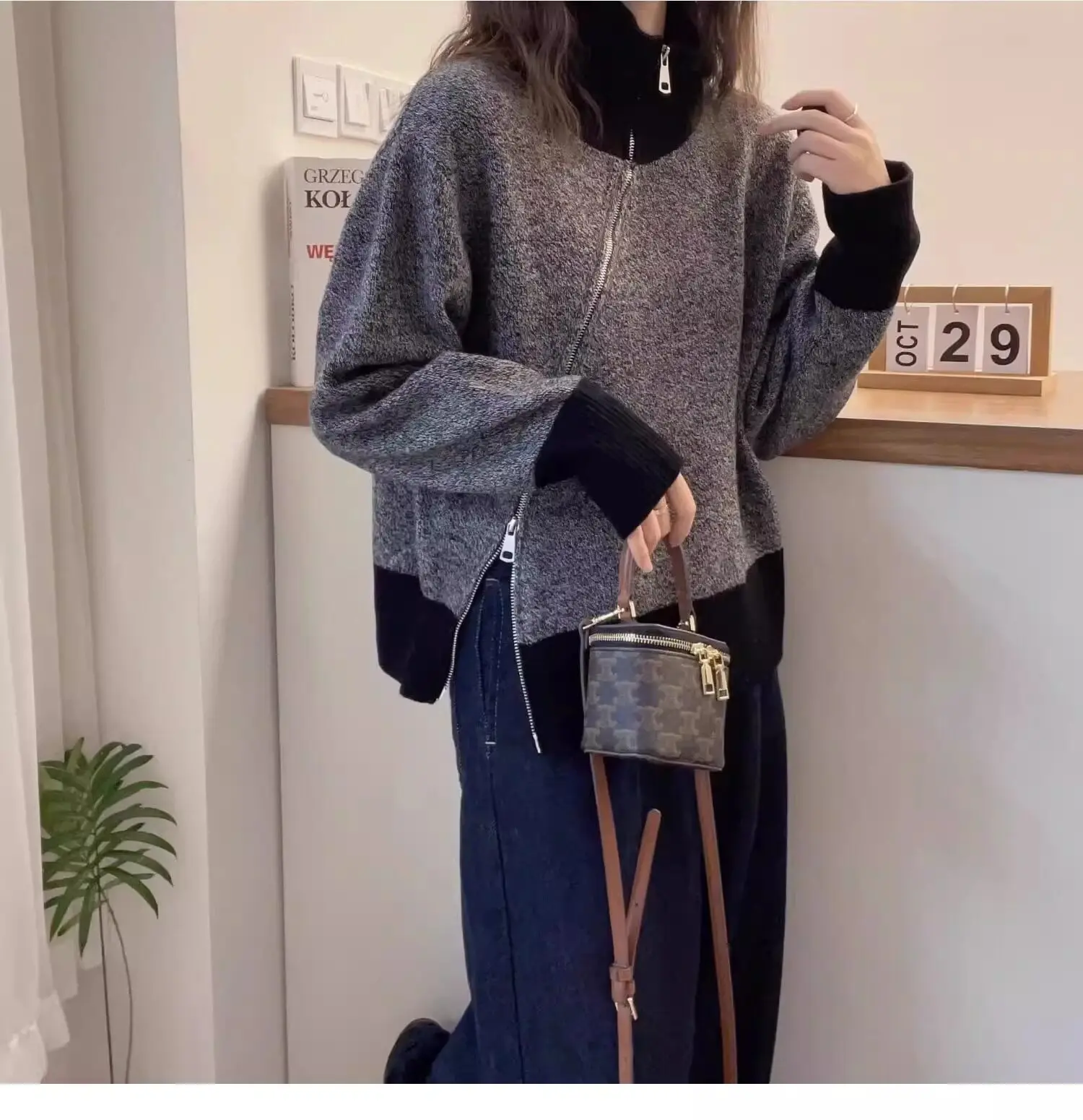 New fashion design side zipper turtleneck color matching 100% pure cashmere sweater