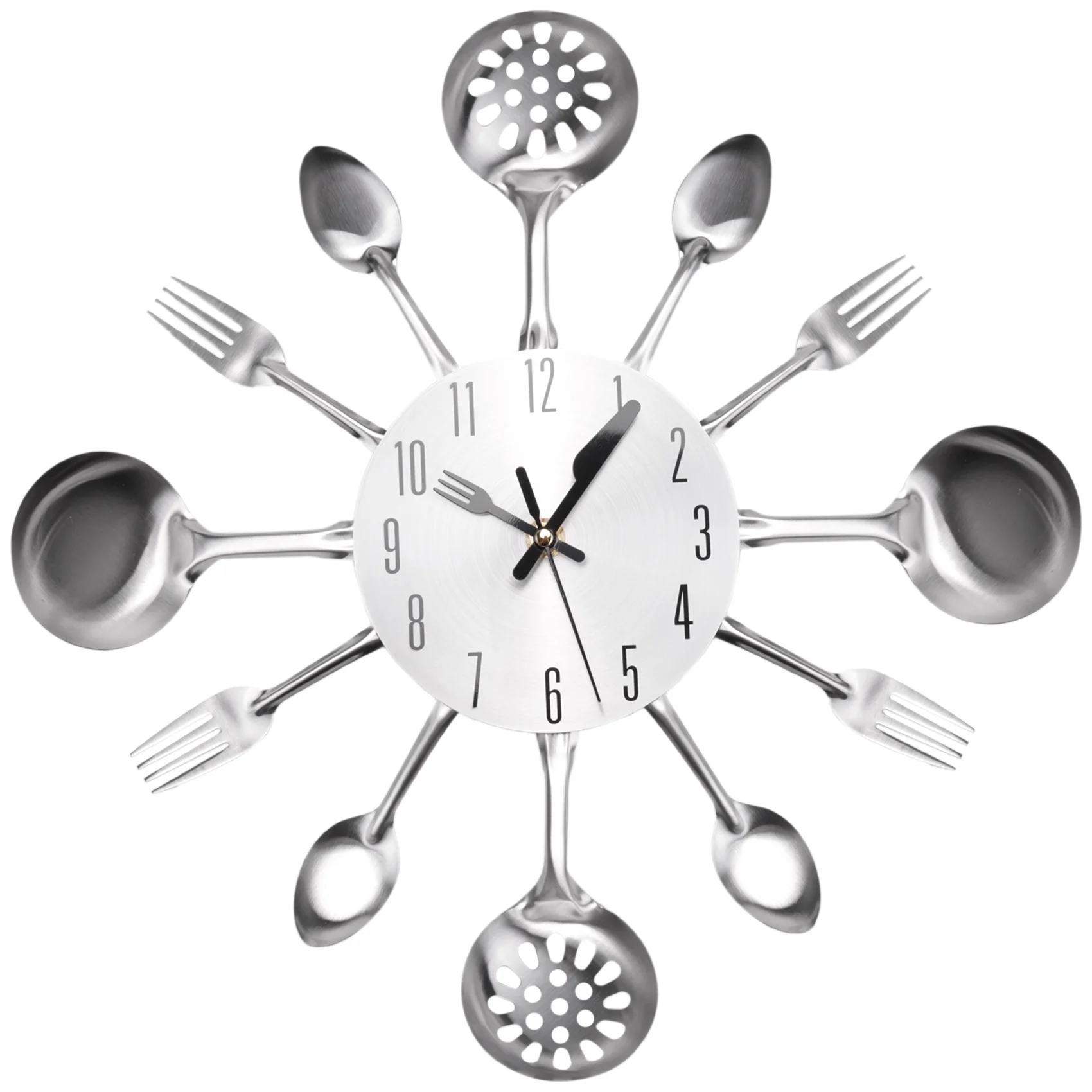 

Metal Kitchen Cutlery Wall Clock 14 Inch with Fork Spoon 3D Non Ticking Quartz Watch Clock for Bedroom Home Decor,Silver