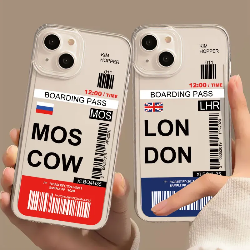 World City Travel Ticket New York London Label Phone Case For iPhone 11 7 8 Plus SE2 14 13 12 Pro Max XS X XR Transparent Cover