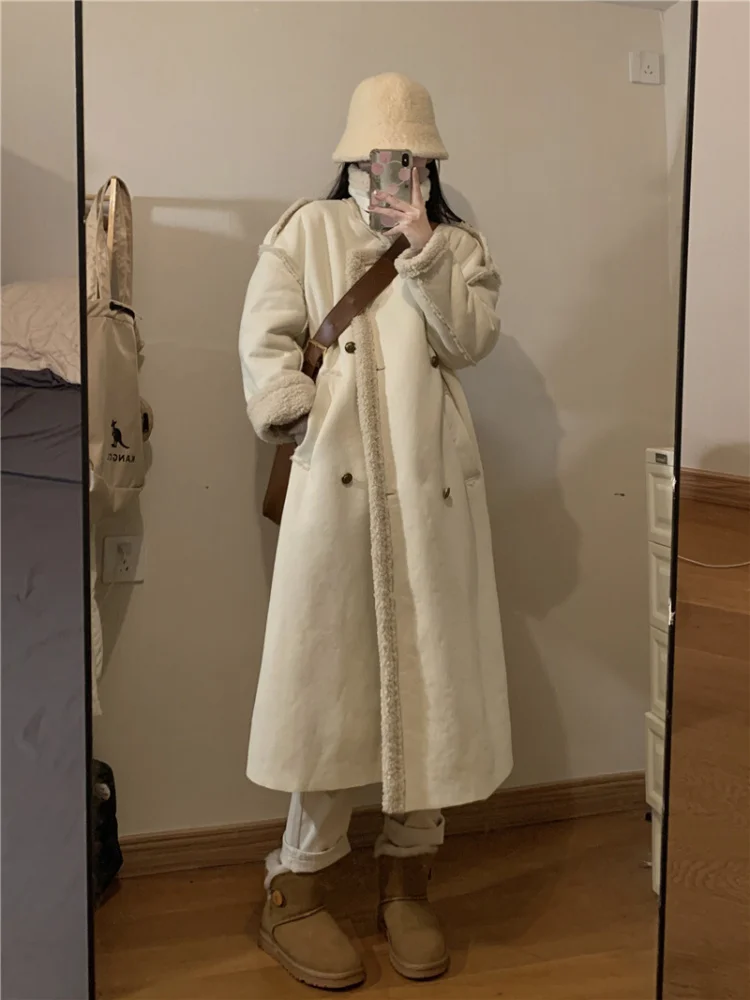 Women Winter Long Lamb Fur Coat Vintage Loose Lapel Collar Overcoat Thick Warm Outerwear Female Suede Plush Coats