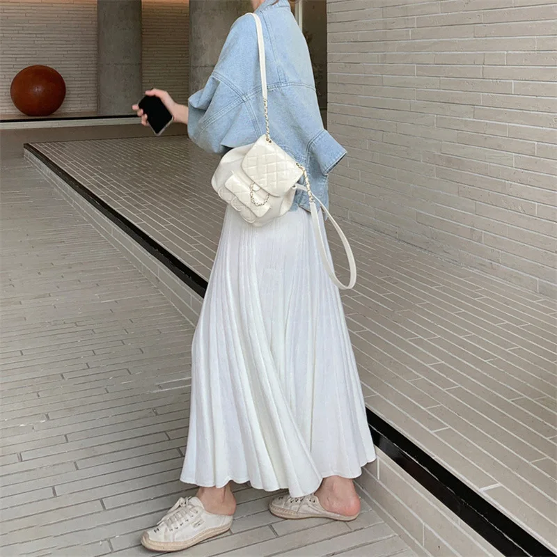 Elegant Knitted Skirt Female Korean Big Swing Long Umbrella Skirt High Waist Autumn Winter Pleated Skirt E1939