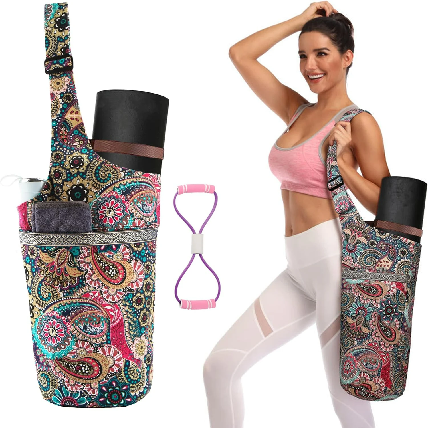 

Perfect Large Size Adjustable Yoga Mat Bag with Fixed Shoulder Strap - Fits All Your Yoga Essentials! Includes Bonus Figure 8 Re