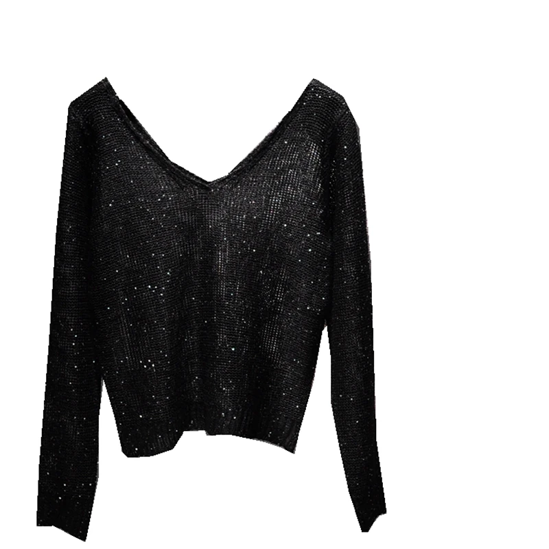 Sequined Double V-Neck Slim Fit Slim Knit Sweater Sparkling Sexy Hollow Bottom Long Sleeve Off-the-Shoulder Top