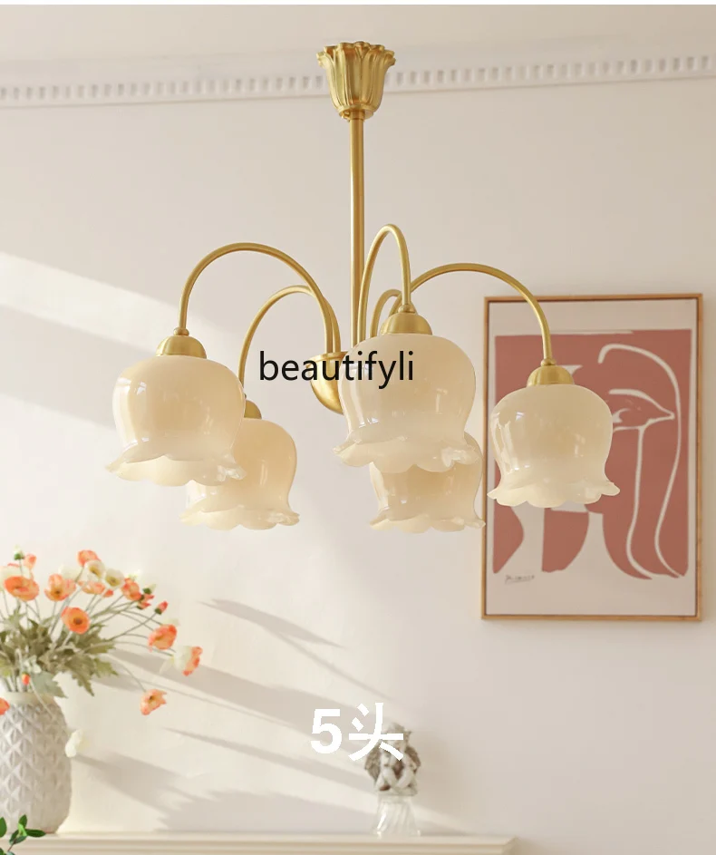 French Cream Lamp Retro Affordable Luxury American Living Room Dining Room Bedroom Copper Pendant Lamp