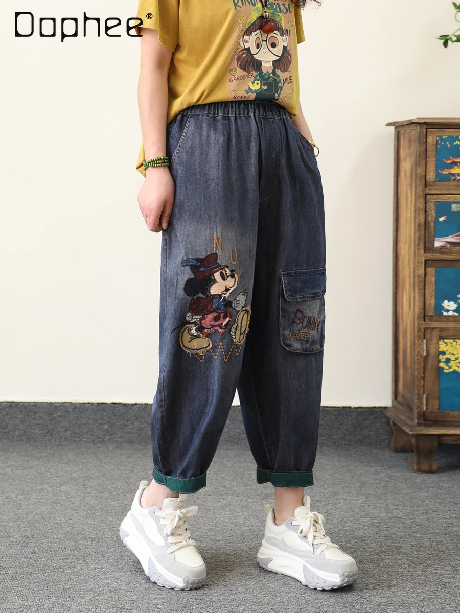 

Джинсы с вышивкой в виде мультяшных букв для женщин, свободный крой, большие карманы, вышитые восьмиточечные шаровары на лето