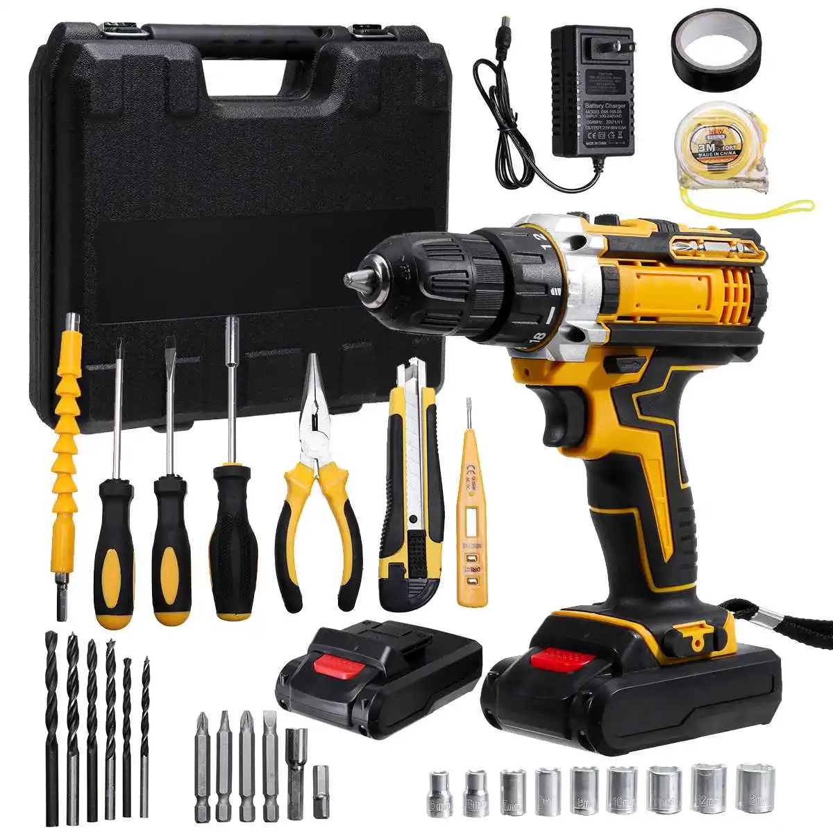 

21V Electric Impact Drill Cordless Screwdriver 3 Functions Power Tools Lithium Battery Hand Drill with Box + Drill Bit Set