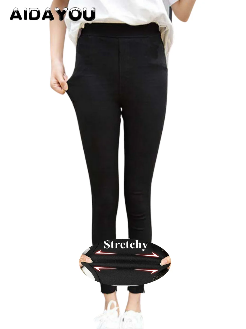 Women Stretchy Pants Black Pencil Pull-On Casual Ease Comfort Modern Stretch Skinny Trousers with Tummy Control Leggings ouc220