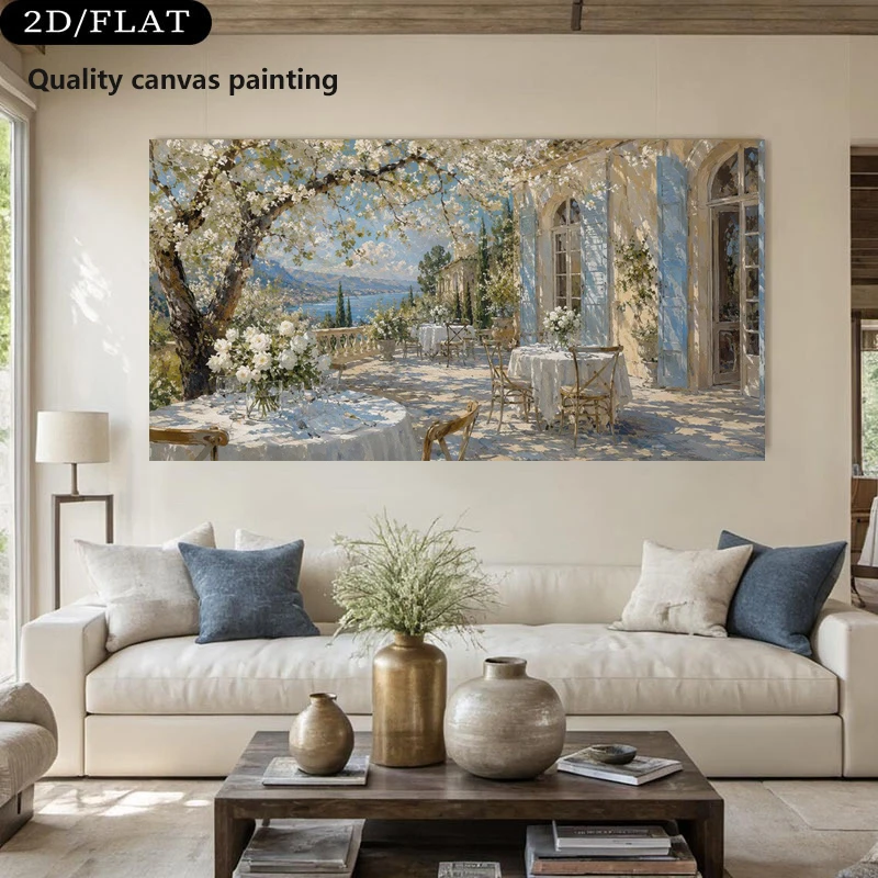 Mediterranean Terrace Wall Art, Coastal Cafe Canvas Print, Blue Shutter Artwork, European Dining Room Decor, No Frame