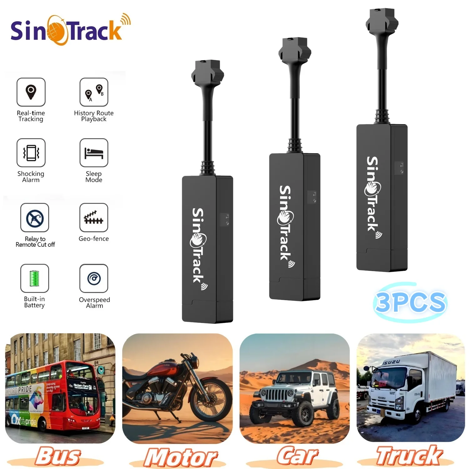 

SinoTrack 3 Unites ST-901A GPS Tracker GSM GPRS Vehicle Tracking Device Monitor Locator Remote Control for Motor with free APP