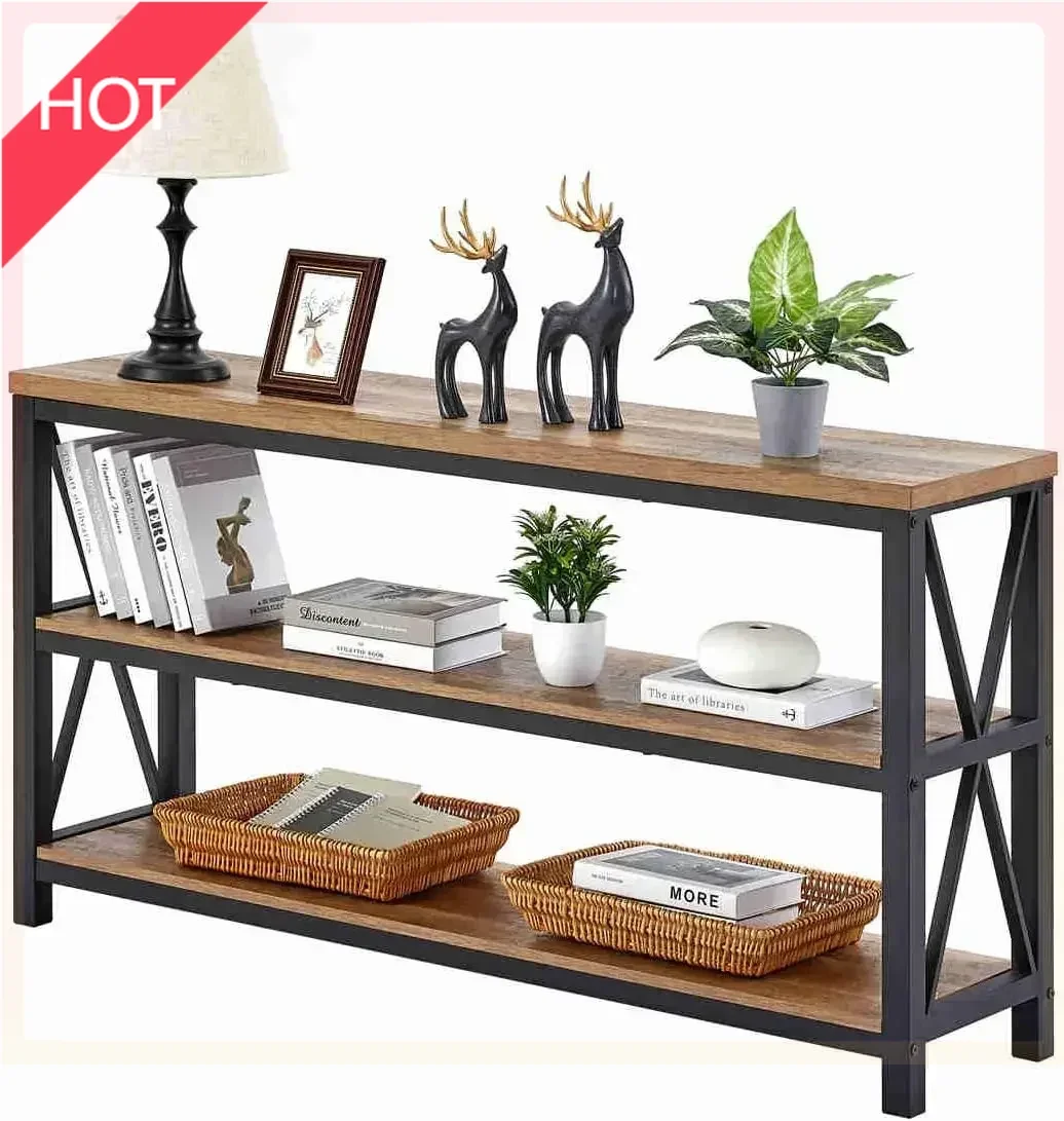(XMSJ)Industrial Console Table for Entryway, Wood Sofa Table, Rustic Hallway Tables with 3-Tier Shelves (55 Inch, Rustic Oak)