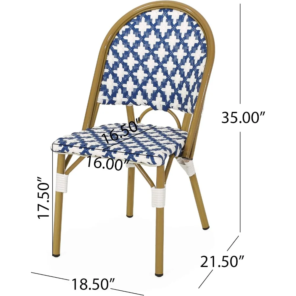 Outdoor Patio Chairs Set, French Cafe Style, PE Rattan Wicker, Aluminum Frame, Lightweight, Rust-Resistant, Navy White