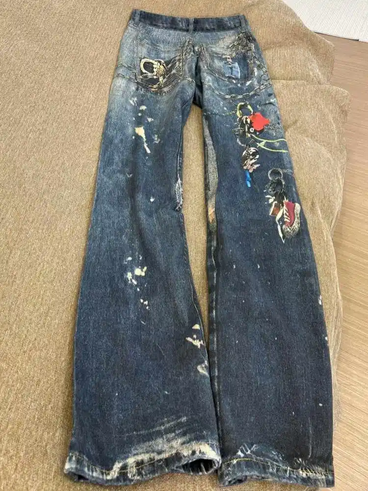 Tie Dye Printed Chain loose Jeans 2026 Spring High Street Pants Niche Design Straight Leg Wide Leg Pants