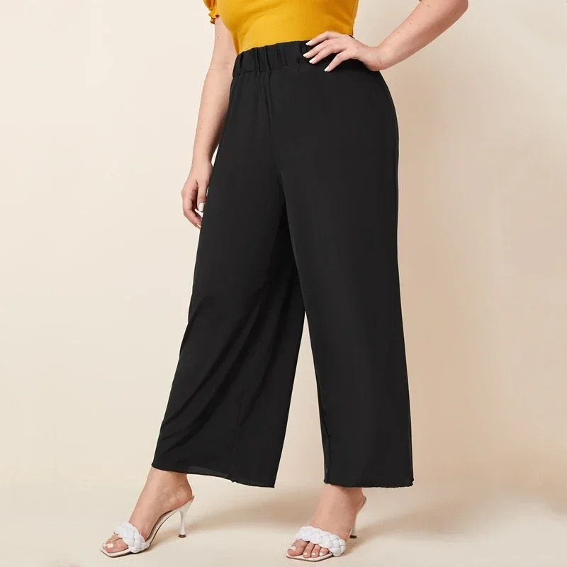 Plus Size Elastic Waist Summer Elegant Wide Leg Pants Solid Black Lettuce Trim Loose Casual Straight Pants Trousers Bottoms 6XL