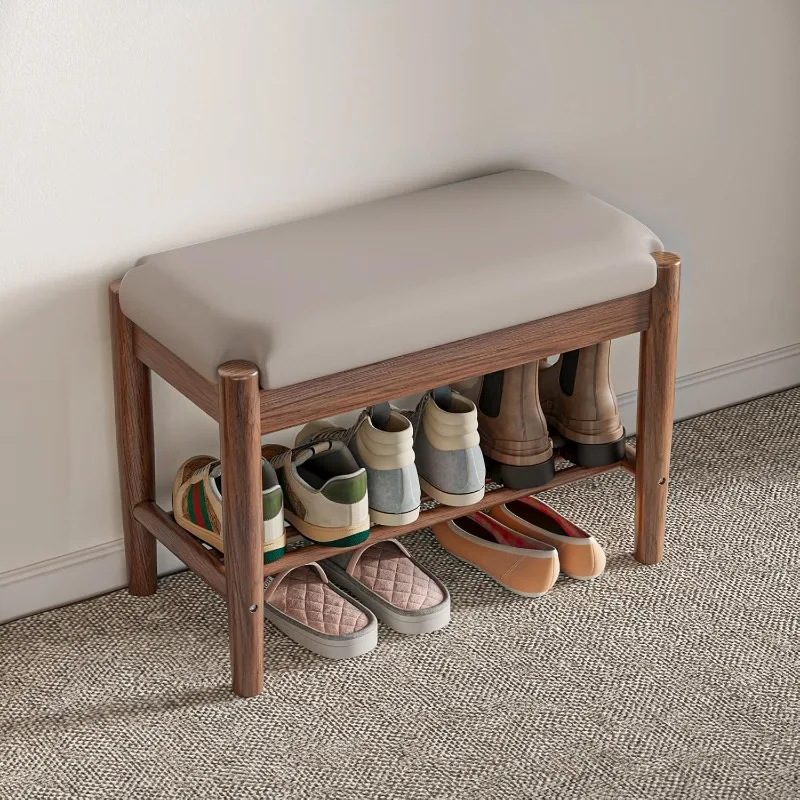 Shoe Bench Entryway Solid Wood Entryway Bench with Shoe Storage, End of Bed Bench with Gray Leather Cushion