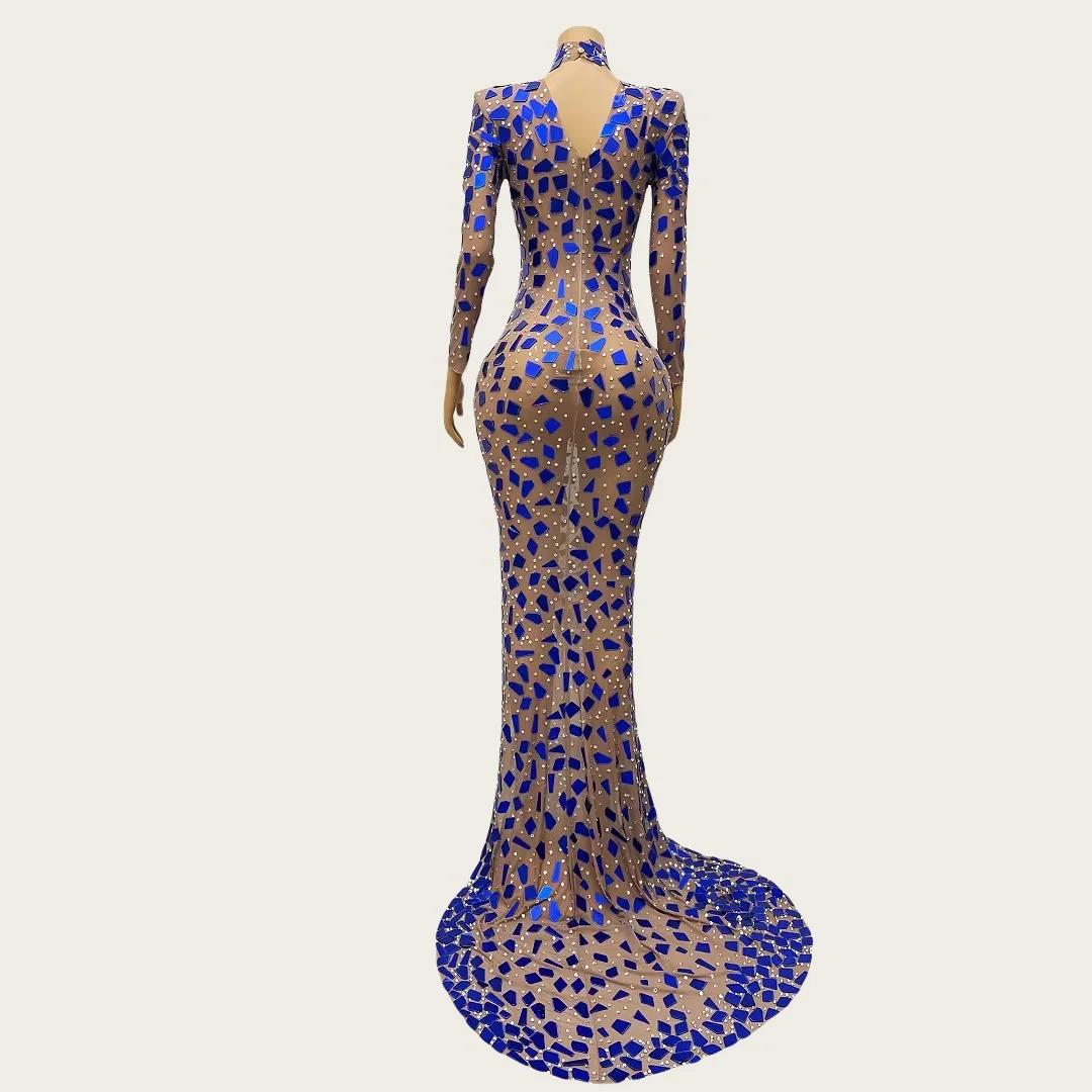 Lanjing Elegant กระจกสีฟ้าชุดราตรีผู้หญิงชุดราตรีชุดราตรีแขนยาวด้านข้าง Slits ชุดยาวพรหม High-end Couture