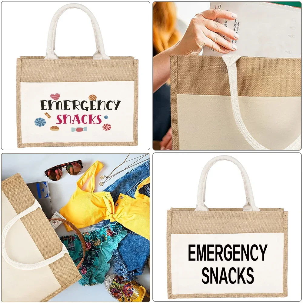 Burlap Eco Shopping Bags Tote Bag Jute Vintage Reusable Imitation Sacks Grocery Organizer Print Snack Series Beach Handbags