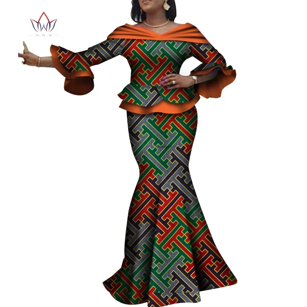 Africa Style Two Piece Skirt Set Dashiki Elegant Clothing Ruffles Sexy Crop Top and Skirt Women Sets for Lady WY4088