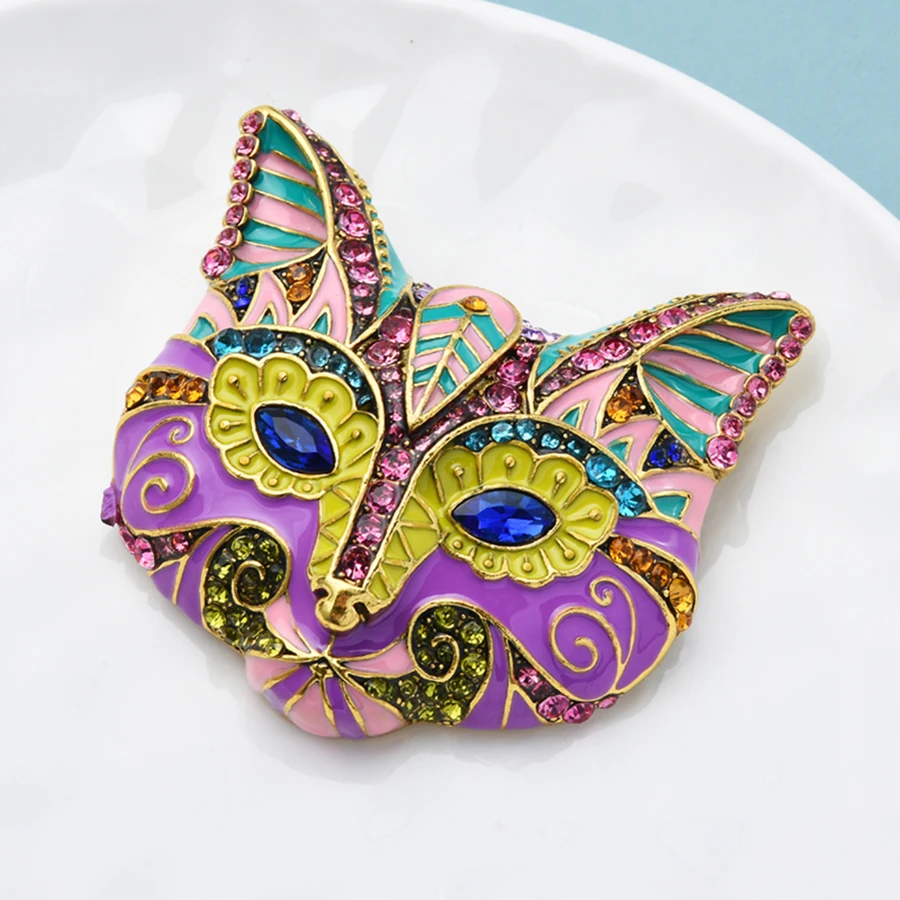 Enamel Cat Face Fox Head Blue Crystal Eye Animal Big Brooch For Coat
