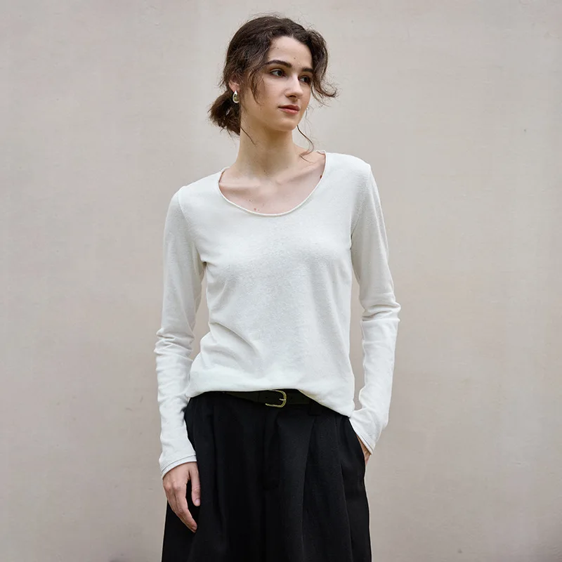 

Женская хлопково-льняная трикотажная футболка с длинными рукавами, шикарный дизайн с закатанным подолом, базовые топы с круглым вырезом, льняная внутренняя одежда, осенняя женская одежда