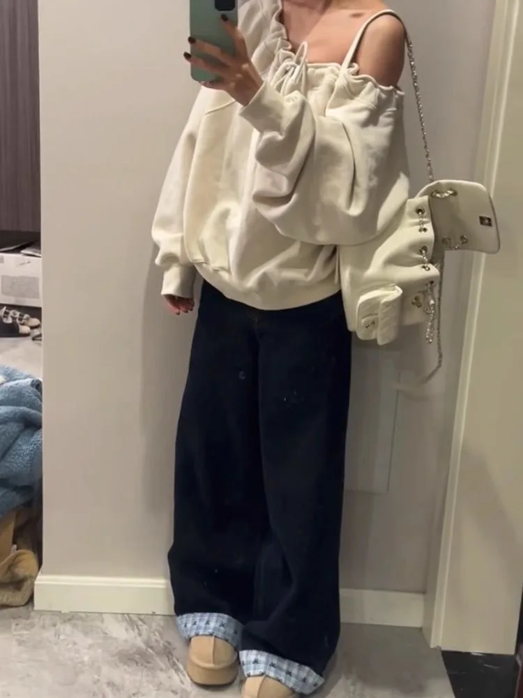 กางเกงยีนส์เดนิมบุซับในไซส์ใหญ่สำหรับผู้หญิง ทรงเอวสูง ขาตรง ขากว้าง ทรงหลวม ใส่สบาย ช่วยให้ดูผอมลง เหมาะสำหรับใส่ลำลองในฤดูหนาว