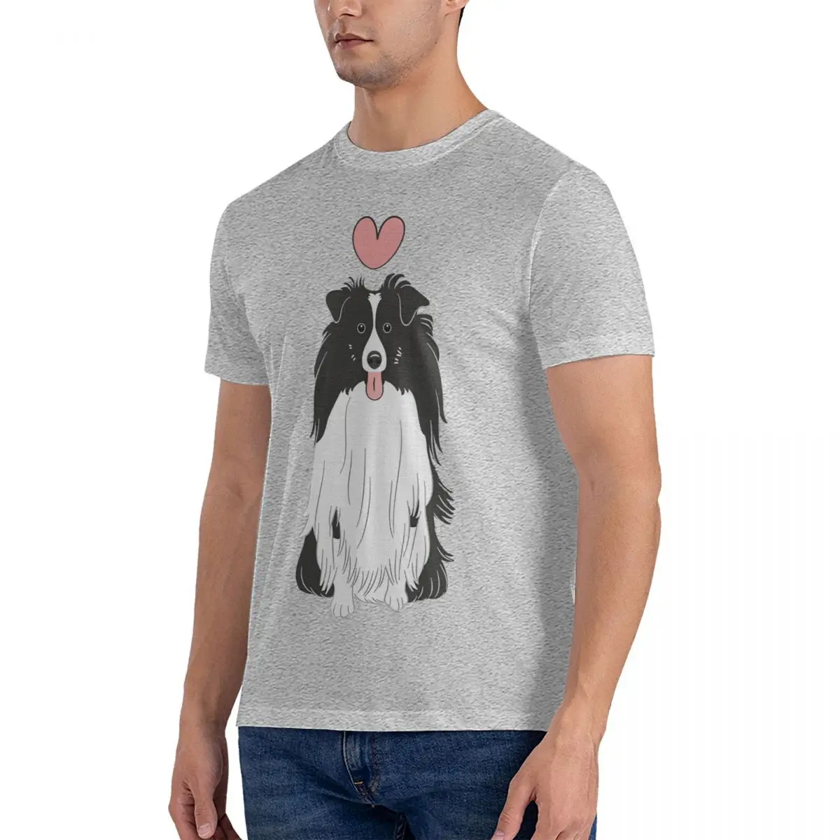 LOVE Black White Dog Shetland Sheepdog Men's T Shirt Sheltie Vintage Tee Shirt Short Sleeve Crew Neck Cotton Printing Clothes