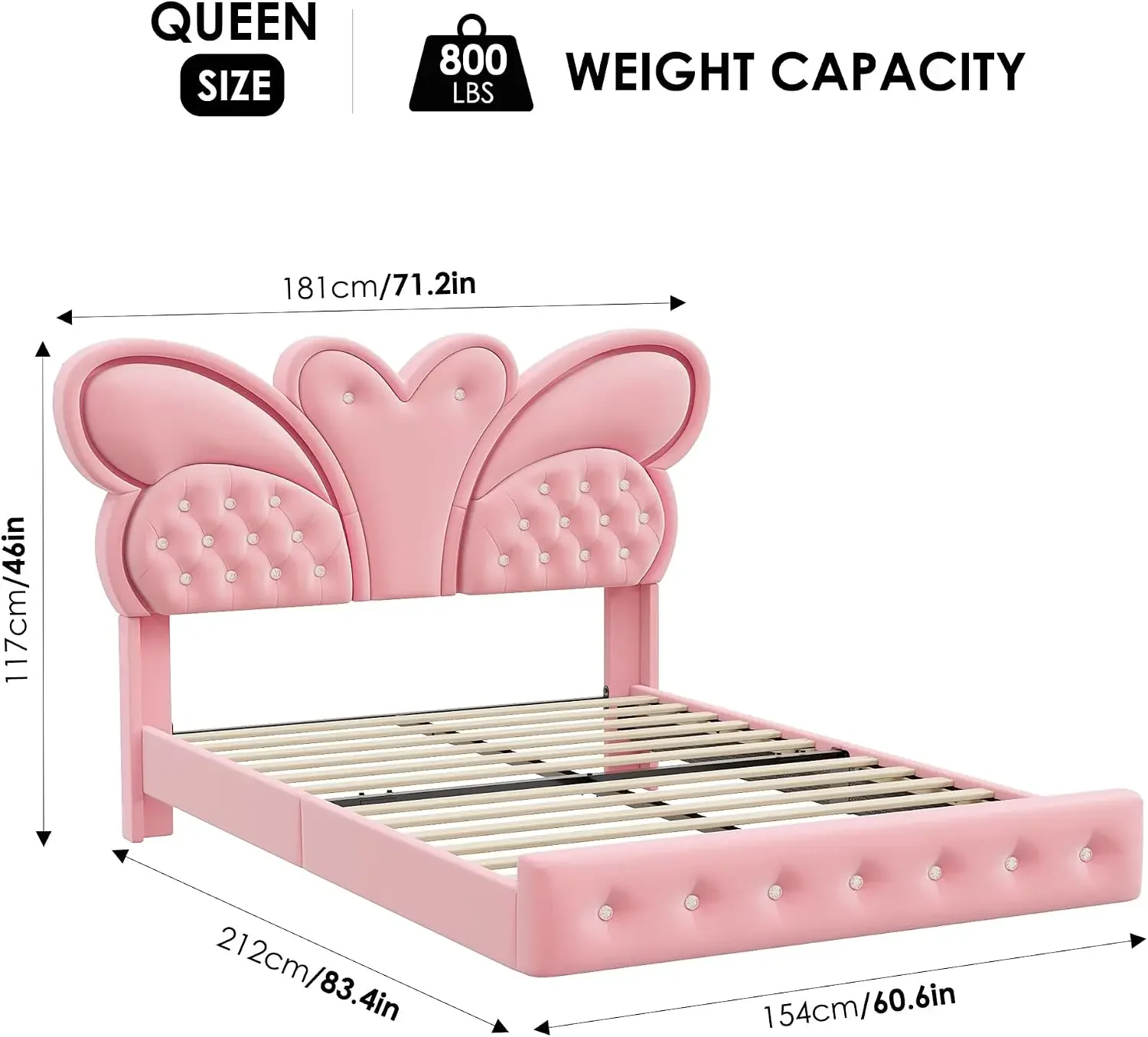 Queen Bed Frame Butterfly-Pattern Upholstered Headboard, Modern Floating Bed with LED Lights Button Tufted on Headboard and Foot