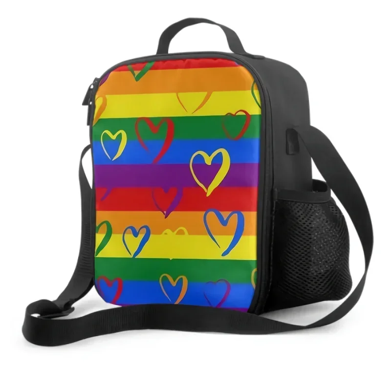 

Rainbow Colored Pattern With Hearts Insulated Thermal Lunch Bag Washable Tote Crossbody Lunch Container Food Carrier for Travel