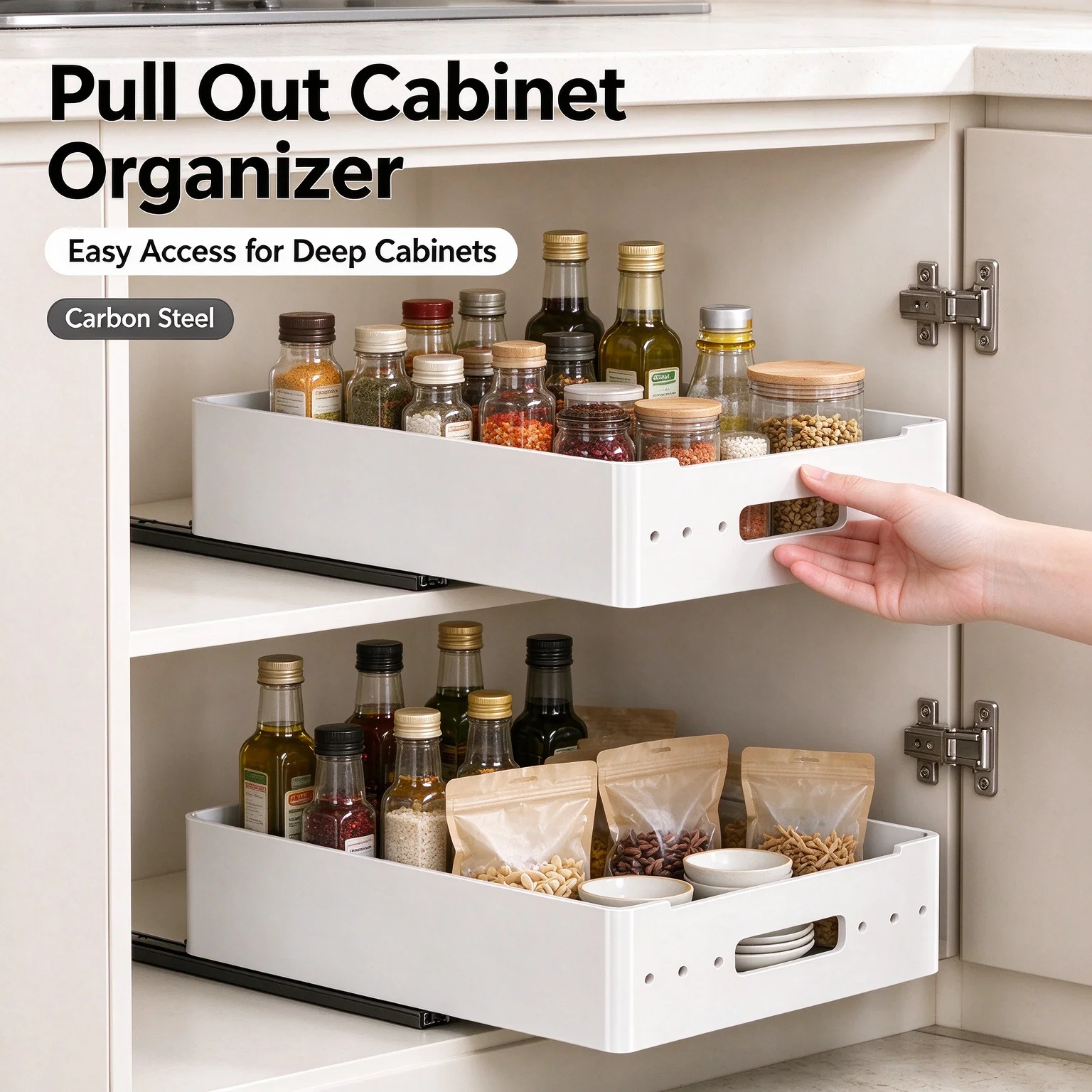 White Pull Out Cabinet Organizer Carbon Steel Ball Bearing Slide Out Shelf Rack Kitchen 43cm
