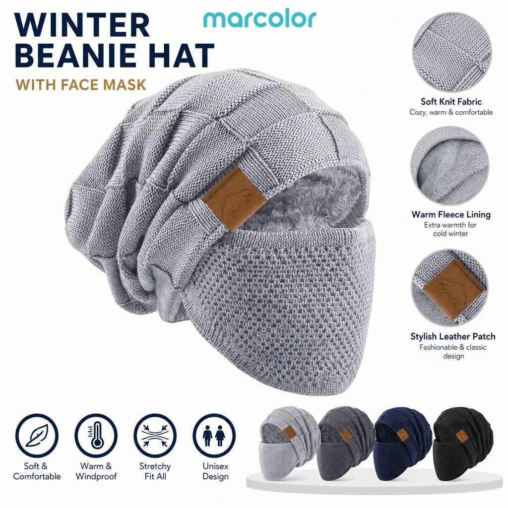 Men's and Women's Winter Fleece Cold Mask Two-piece Hat Set for Warmth, Skiing, Outdoor Sports, Solid Color Pullover Hat