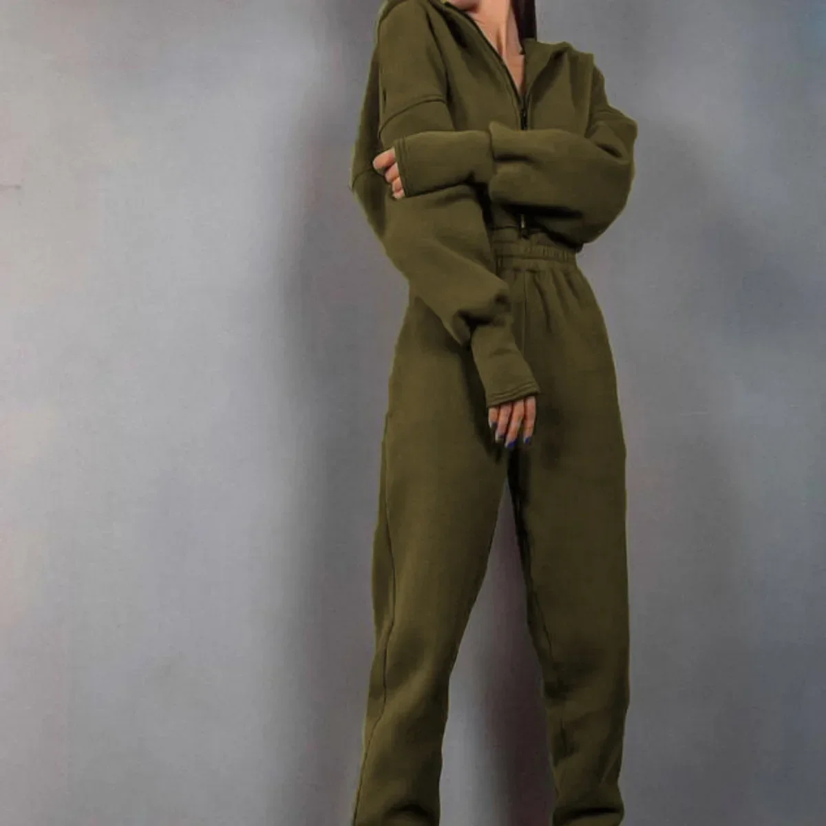 Women Overalls Autumn Winter Zipper Splice One Piece Stand Collar Jumpsuits Full Sleeve Maxi Long Pants Casual Jumpsuits