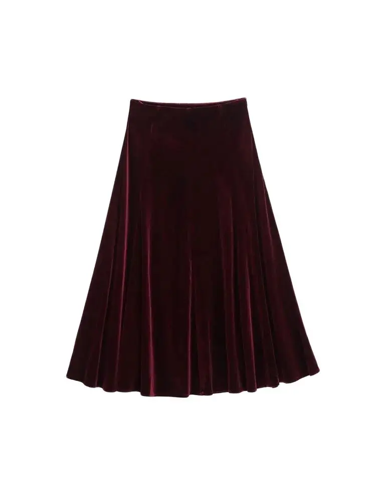 

GELITAYIN High Waist Velvet Midi Skirt For Women Fashion Side Zipper Female Skirts Elegant Mujer