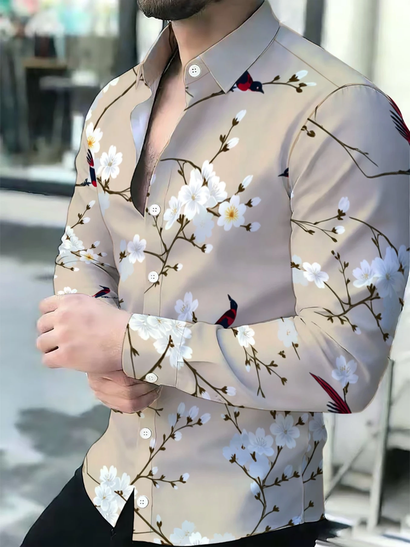 Men Cherry Blossom Bird Branch Print Long Sleeve Shirt Turn‑Down Collar Button‑Up Polyester Casual Blouse