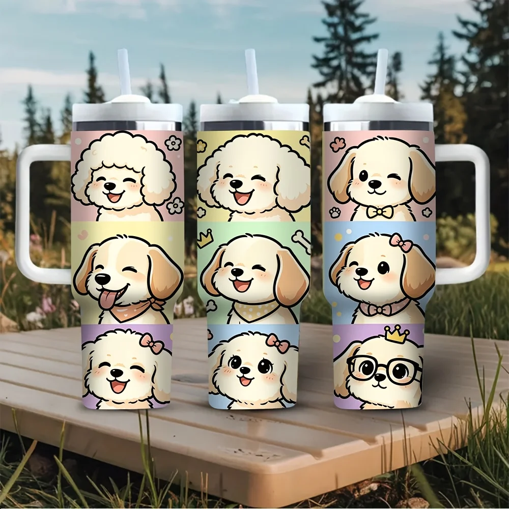 Cute Cartoon Puppy Printed 40oz Tumbler with Handle, Suitable for Dog Lovers of All Ages, Fits Both Hot and Cold Drinks, Great for Daily Use, Outdoor Activities, Travel and Camping Trips.